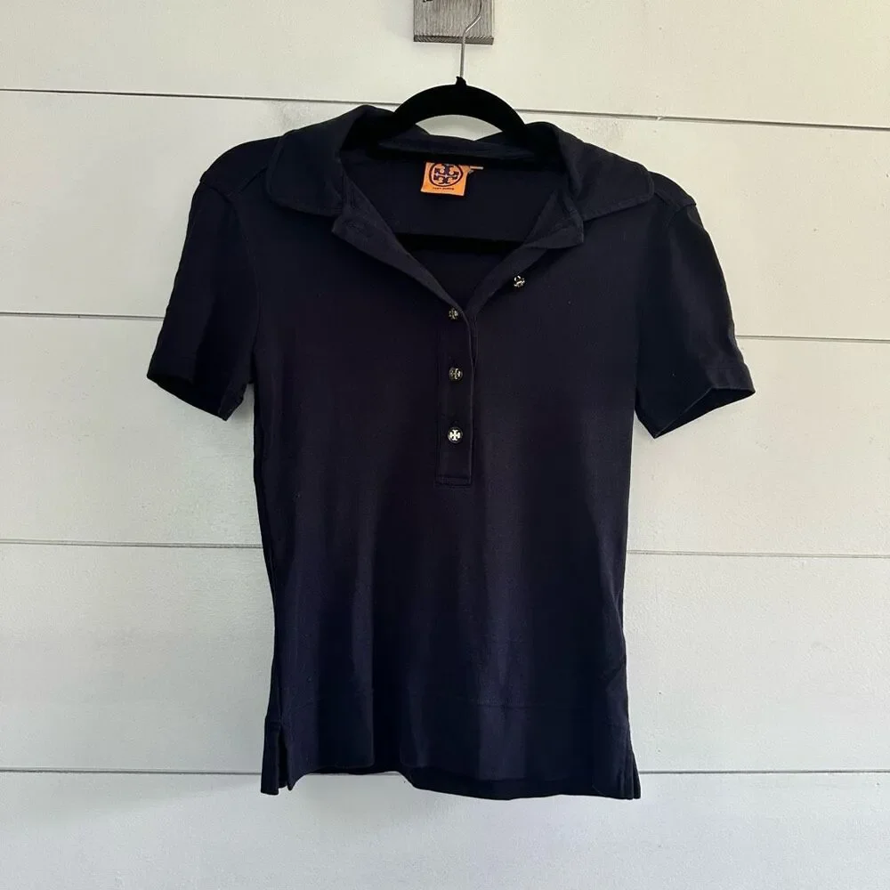 Tory Burch Women’s Extra Small Navy Polo Shirt Logo Buttons
